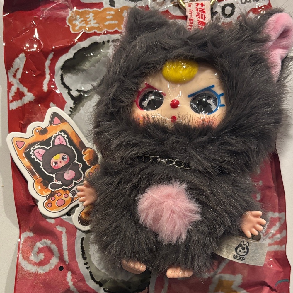 Cute Furry Doll with Pink and Gray Outfit